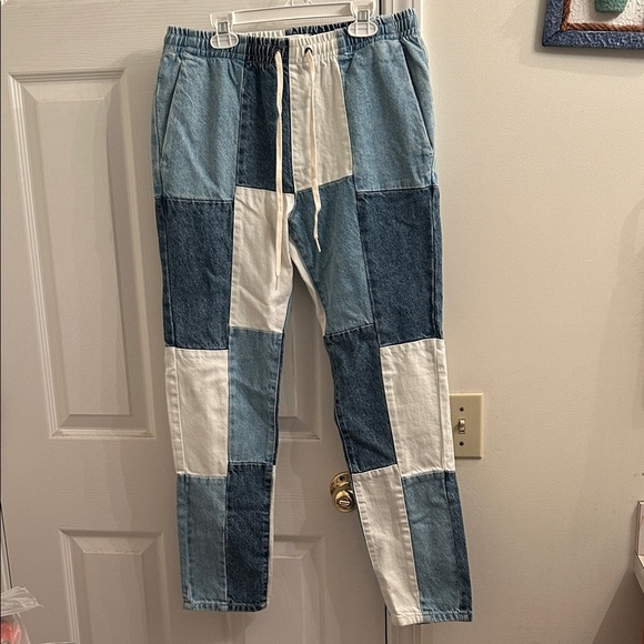 PacSun Men’s Slim Patchwork Denim Jogger Pants Sz S Blue/White Y2K Streetwear - Picture 1 of 9
